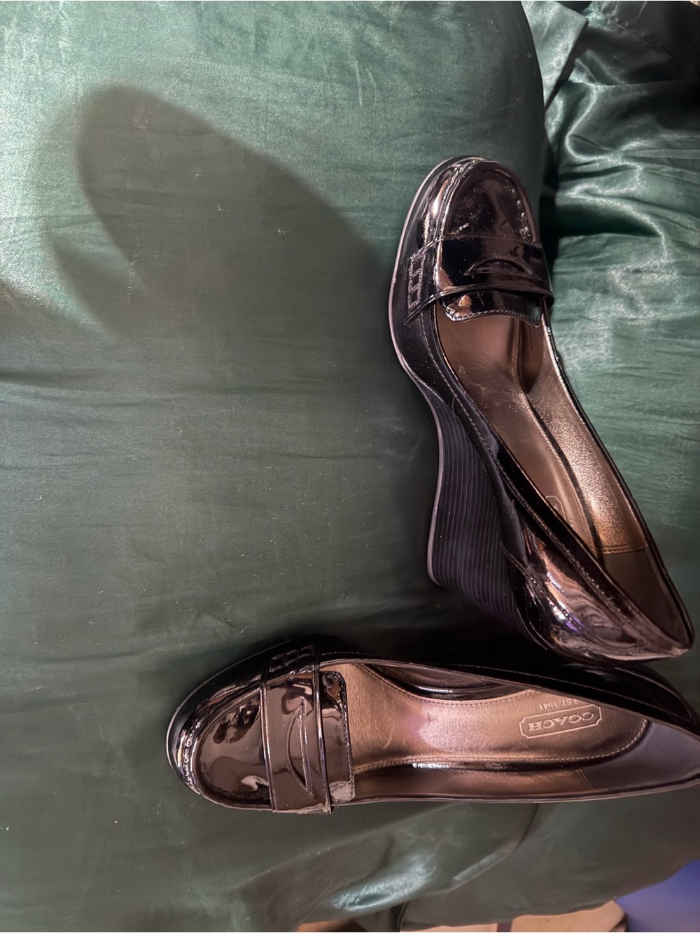 Coach Black Patent Leather Wedge Loafers